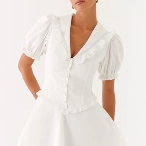 Peppermayo White Ruffle Button-Front Puff Sleeve Dress